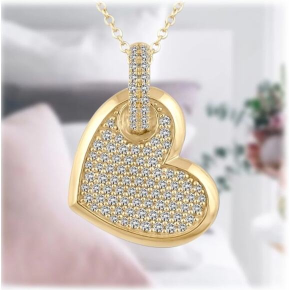 HEART NECKLACE 18K GOLD PLATED MICRO PAVÉ SIMULATED DIAMONDS 18" CABLE CHAIN NEW - Picture 4 of 5